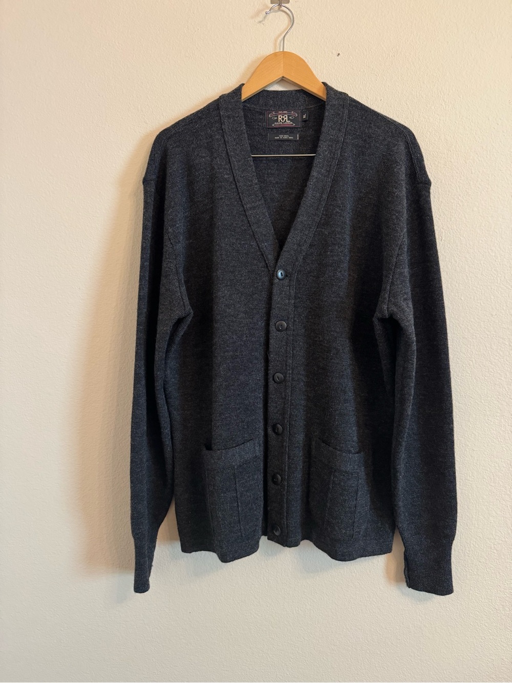 RRL Double RL Ralph Lauren Cardigan Sweater Men's XL 100% Wool Knit Dark Gray